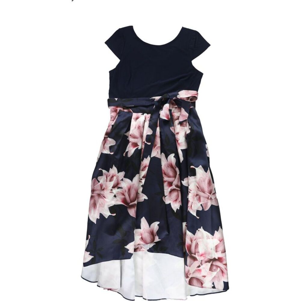 Sl Fashions Womens Floral Cap Sleeve Belted High-Low Dress, Pink, 18, DM